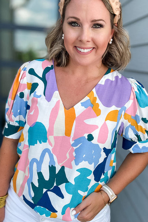 Sky Blue Plus Abstract Print Puff Short Sleeve V Neck Top