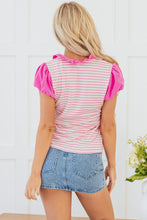 Pink Stripe Ruffled V Neck Cap Puff Sleeve Top