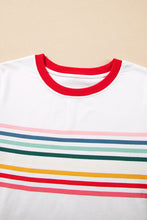 White Rainbow Stripe Print Contrast Crewneck T Shirt