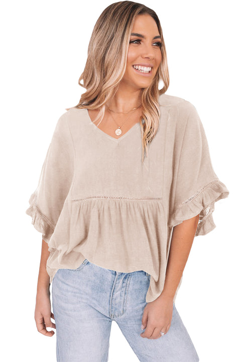 Ruffled Lace Detail Loose V Neck Top