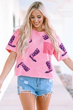 Pink Western Boots Sequin Patchwork Crew Neck T Shirt