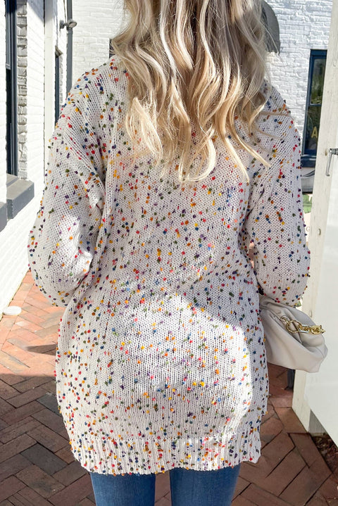 White Multicolor Dotted Rib Knit Long Sleeve Cardigan