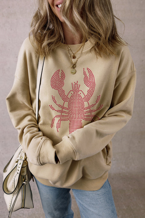 Parchment Rhinestone Crawfish Graphic Crewneck Oversized Sweatshirt