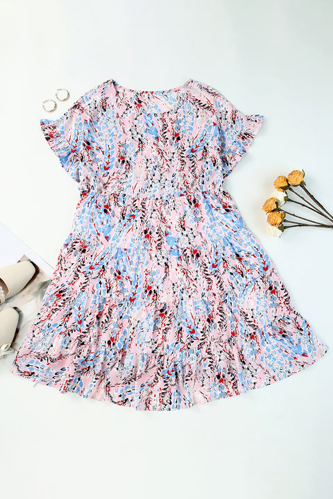 Short Sleeves Floral Print Tiered Ruffled Dress