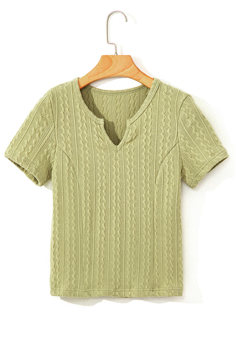 Spinach Green Textured Knit Slim Fit Notch V Neck T Shirt