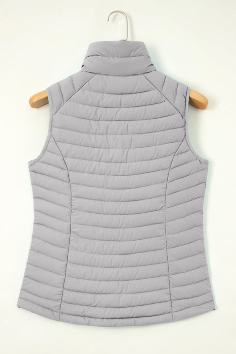 Silvery Plush Collared Quilted Zipped Puffer Vest