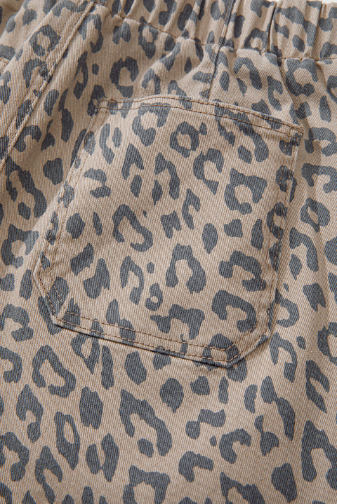 Khaki Leopard Printed Drawstring Waist Pocketed Wide Leg Jeans