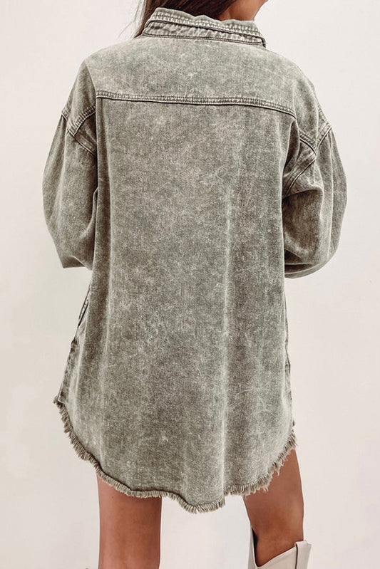 Sage Green Acid Wash Flap Pocket Raw Hem Tunic Denim Jacket