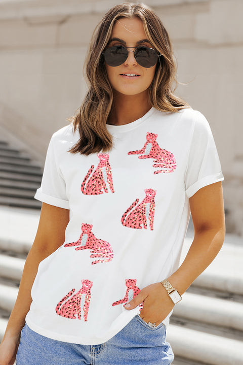 White Sequined Cheetah Print Round Neck Graphic Tee