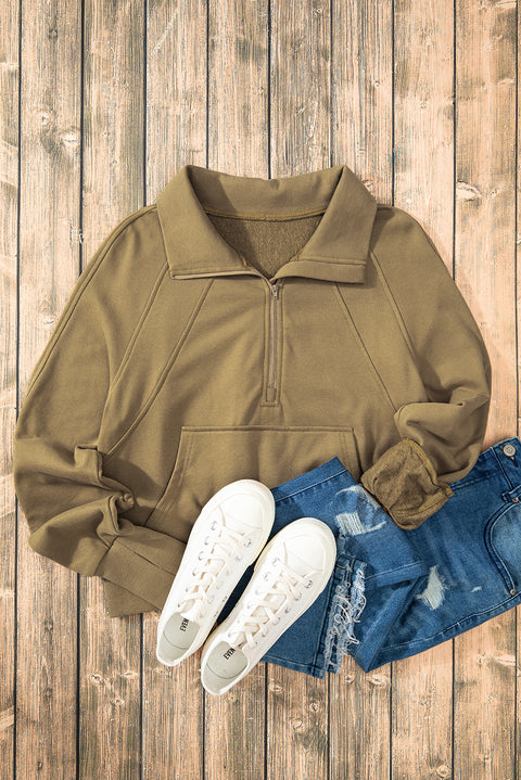 Brown Quarter Zip Stand Neck Kangaroo Pocket Sweatshirt