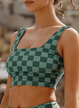 Green Checkered Print Square Neck Cropped Swim Top