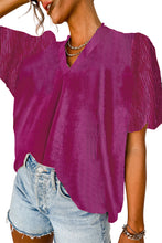 Bright Pink Pleated Bubble Short Sleeve V Neck Velvet Top