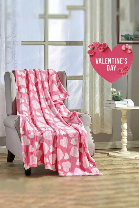 Peach Blossom Valentines Vibe Heart Print Soft Flannel Large Blanket