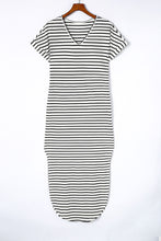 Striped Print Side Split Short Sleeve V Neck Maxi Dress