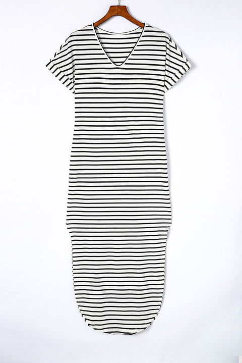 Striped Print Side Split Short Sleeve V Neck Maxi Dress