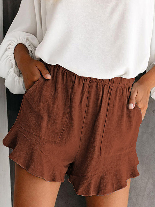 Brown High Waist Pocketed Ruffle Shorts