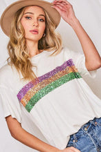 White Sequin Stripes Patchwork Mardi Gras Crew Neck T Shirt