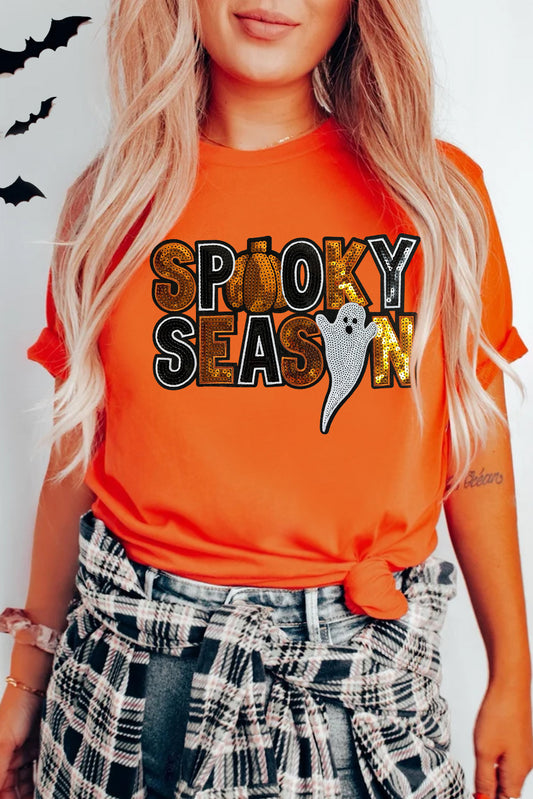 Orange Sequin SPOOKY SEASON Ghost Pattern Halloween T Shirt