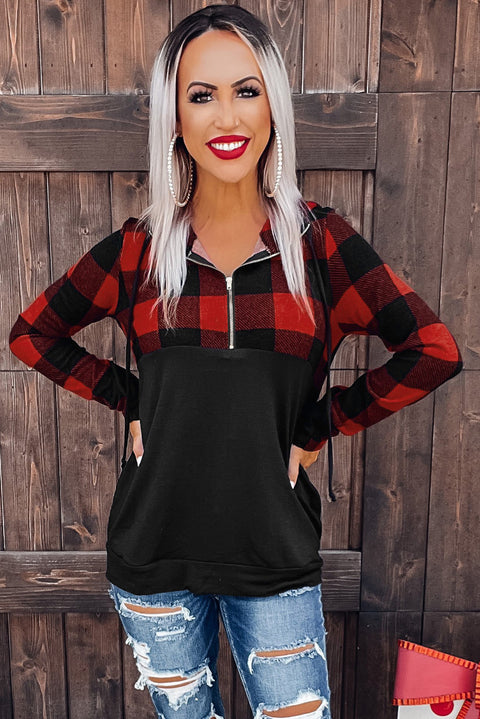 Contrast Buffalo Plaid Zip Pullover Hooded Top