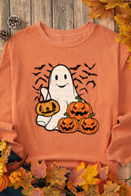 Orange Halloween Ghost Pumpkin Bat Print Corded Pullover Sweatshirt