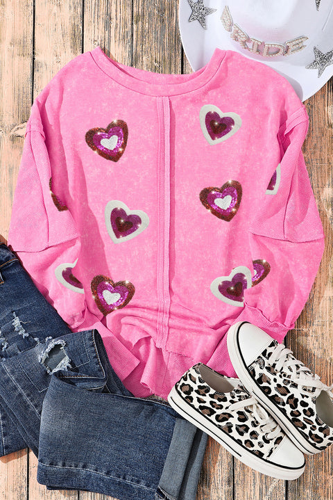 Rose Sequin Heart Shaped Exposed Seam Pullover Sweatshirt