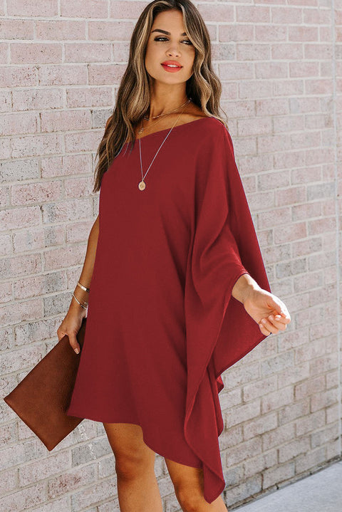 Red Solid Color One Shoulder Batwing Sleeve Mini Dress