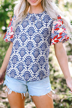 Blue Western Fashion Print Floral Puff Sleeve Frilled Neck Blouse