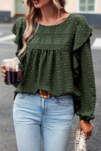 Blackish Green Lace Eyelet Ruffle Shoulder Long Sleeve Blouse