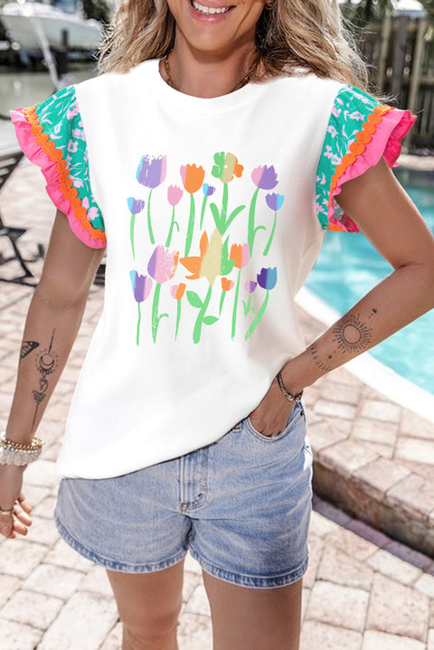 White Floral Print Ruffled Flutter Sleeve T Shirt