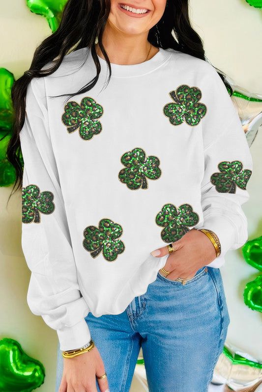 White Sequin Clover Patched Pattern St Patrick Pullover Sweatshirt