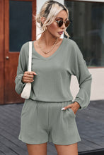 Mist Blue Corded V Neck Slouchy Top Pocketed Shorts Set