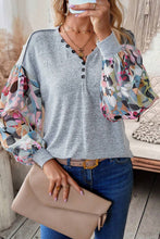 Gray Floral Lantern Sleeve Patchwork Buttoned V Neck Top