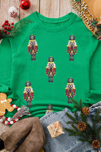 Green Sequin Nutcracker Patched Pattern Raglan Sleeve Christmas Sweatshirt