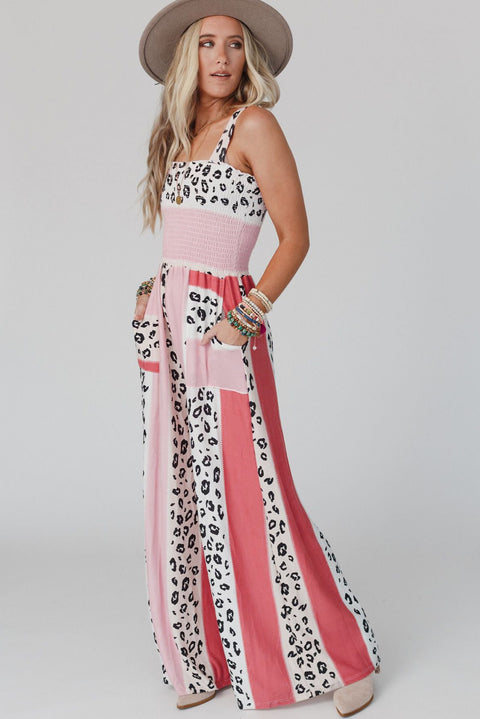 Leopard Color Block Mix Print Pocketed Jumpsuit