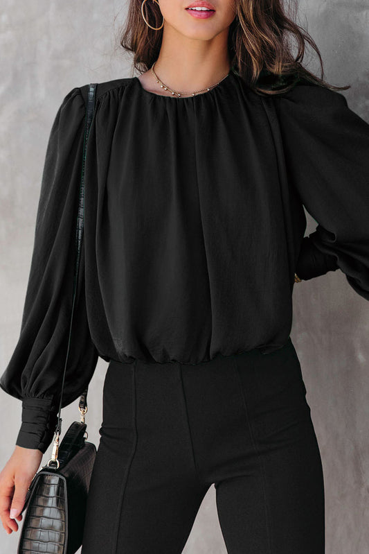 Black Padded Shoulder Buttoned Cuffs Pleated Loose Blouse