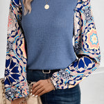 Ashleigh Blue Ruffled Floral Sleeve Patchwork Waffle Knit O Neck Blouse