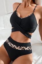 Black Leopard Splicing Criss Cross Tie Spaghetti Straps  High Waisted Bikini