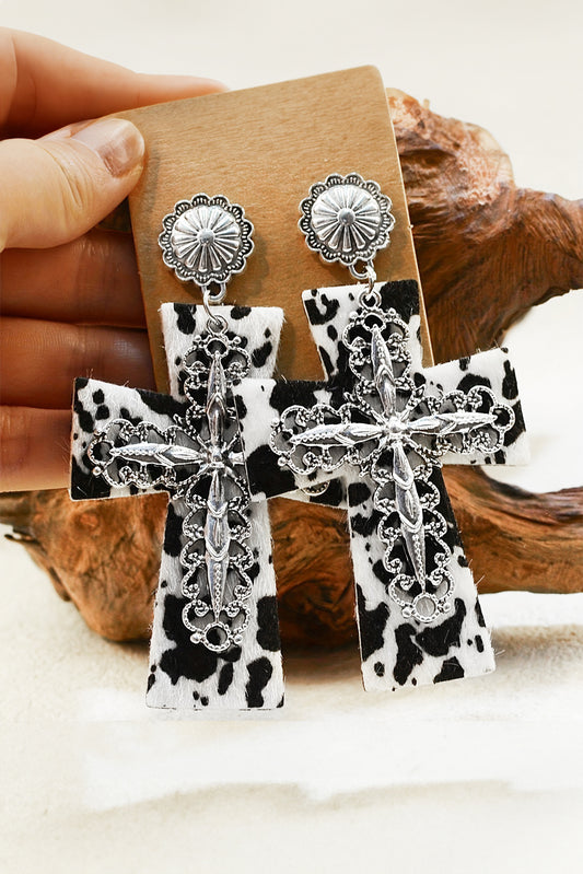 Silvery Cow Spots Faith Cross Western Fashion Dangle Earrings