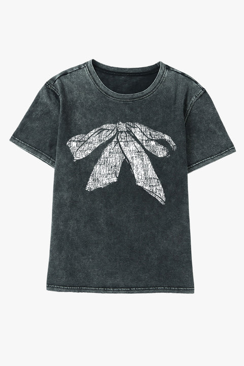 Black Bowknot Graphic Mineral Wash T Shirt