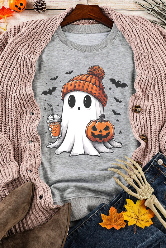 Gray Halloween Ghost Print Crewneck Drop Shoulder Sweatshirt