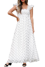 White Polka Dot Flutter Sleeve Square Neck Smocked Maxi Dress