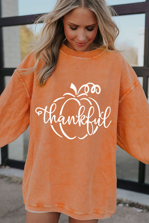 Orange Pumpkin thankful Graphic Corded Thanksgiving Sweatshirt