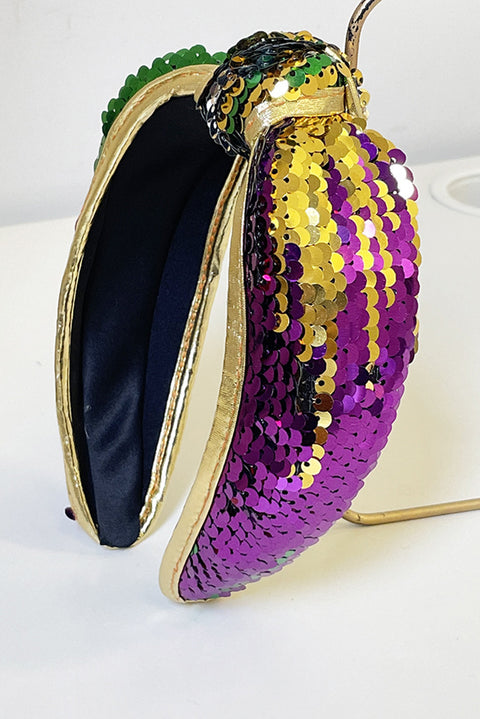 Gold Mardi Gras Sequined Knotted Wide Headband (Sequins Randomly Placed)