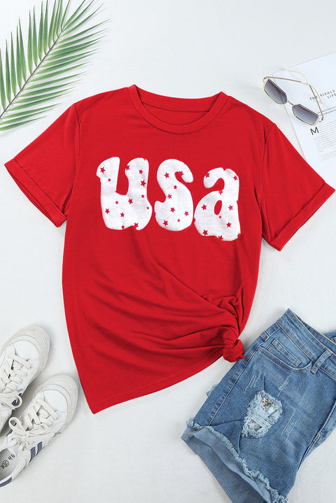 Red USA Stars Print Round Neck Casual Tee