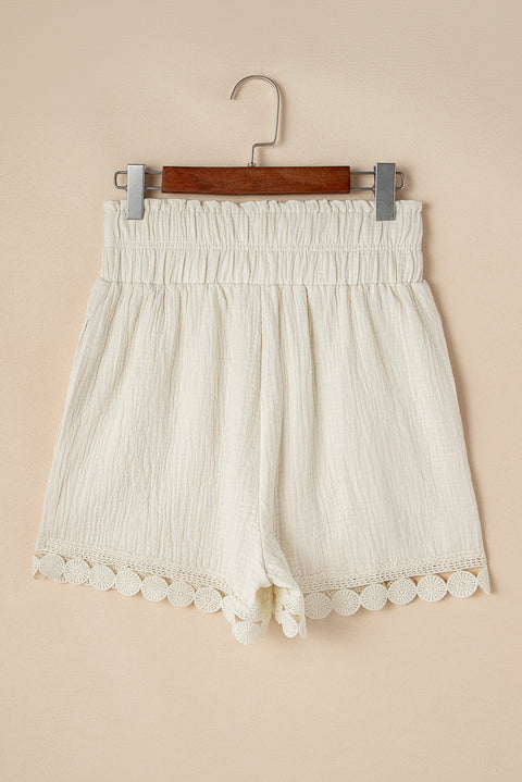 Apricot Textured Frilled Knotted High Waist Lace Hem Shorts