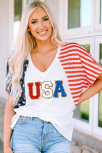 White Chenille USA Stars and Stripes Printed V Neck T Shirt