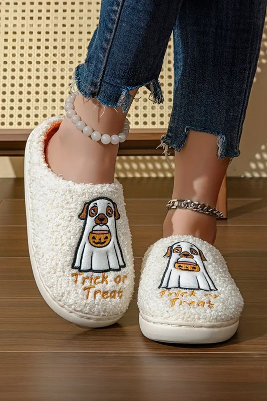 White Cute Ghost Trick Or Treat Pattern Plush Winter Home Slippers