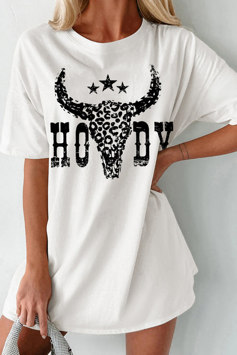 White HOWDY Cheetah Steer Head Print Oversized T Shirt