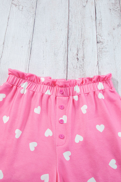 Pink Valentine Heart Print Long Sleeve Tee and Shorts Lounge Set