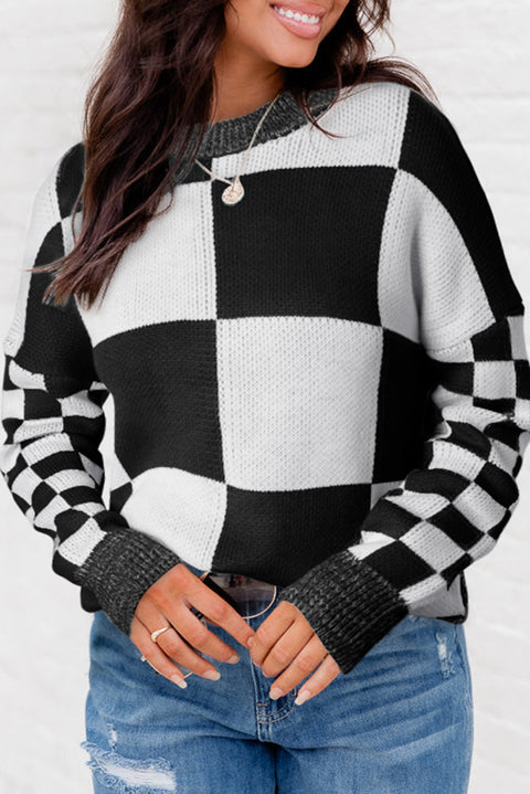 Flaxen Checkered Print Drop Shoulder Sweater